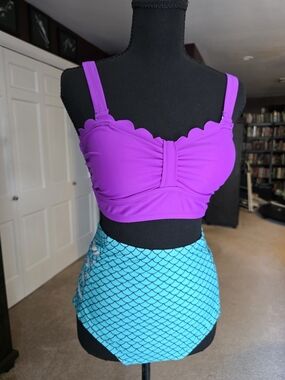 Purple & Turquoise Mermaid Scale High-Waisted Bikini Set Size 2XL NWT